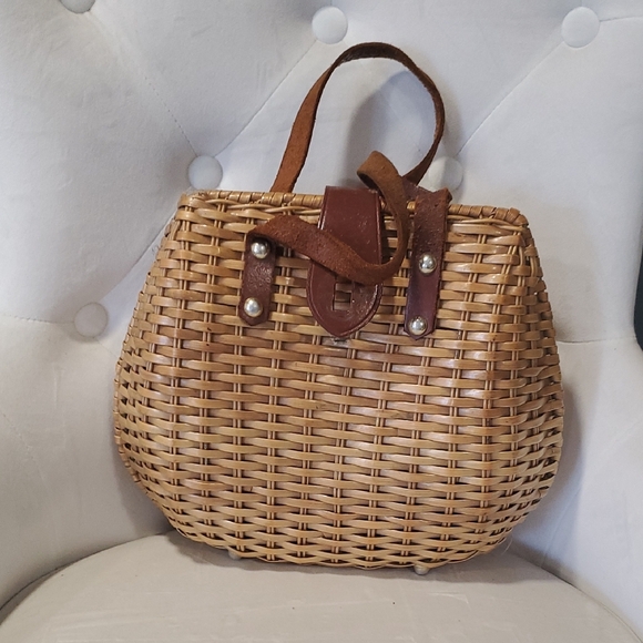 Simon Hand Made Wicker Brown Leather Top  Handle Woven Satchel Bag - Picture 1 of 15